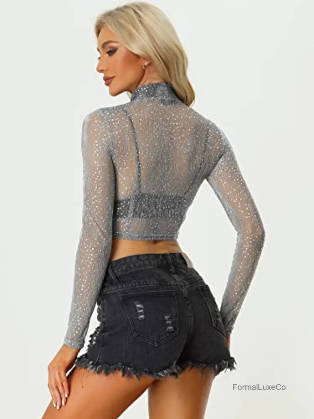 Sheer Mesh Glitter Crop Bomber Jacket Zip Up Rave Clubwear Party Top
